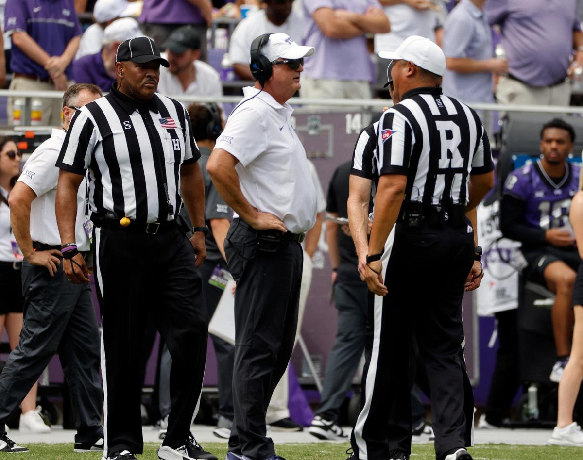 TCU head coach Sonny Dykes talks to the officials in the first half of a NCAA football game at Amon G. Carter Stadium in Fort Worth,Texas, Saturday Sept. 02, 2023. Colorado led 17-14 at the half. (Special to the Star-Telegram Bob Booth)