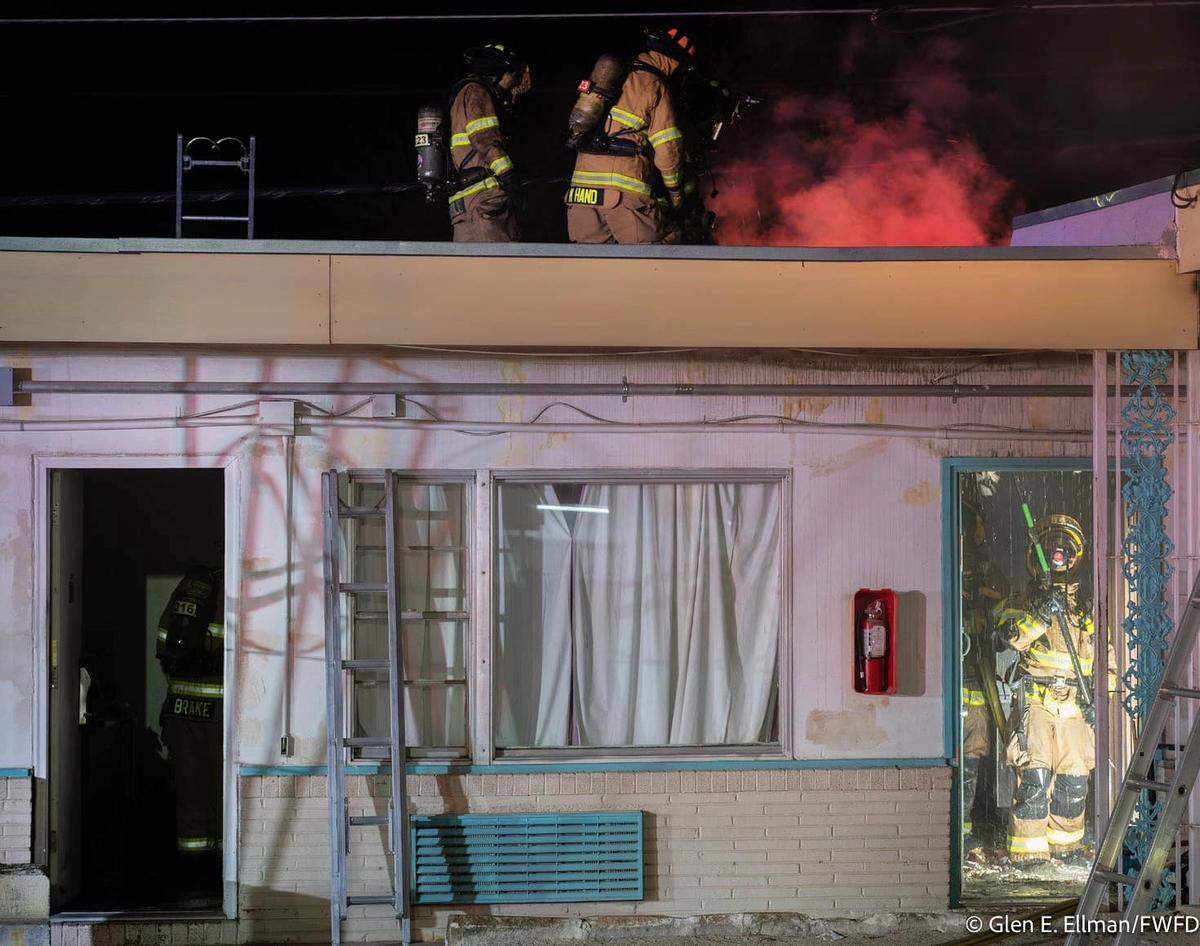 Fort Worth firefighters were dispatched around 4 a.m. Saturday, Dec. 7, to the Landmark Lodge motel at 7501 Camp Bowie W. Blvd., where they saw fire coming from the roof.