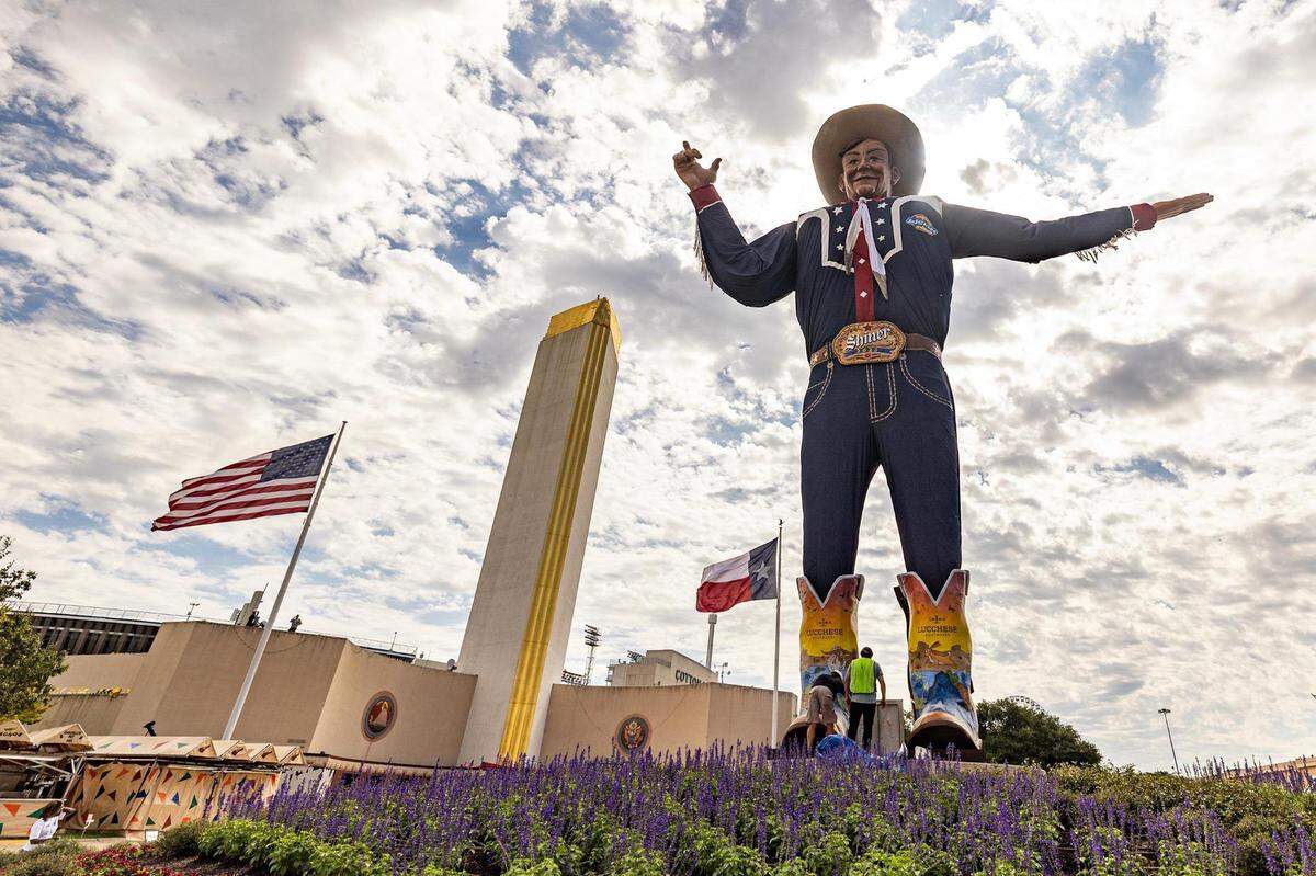 The iconic Big Tex statue is installed prior to the State Fair of Texas at Fair Park in Dallas on Friday, Sept. 22, 2023.