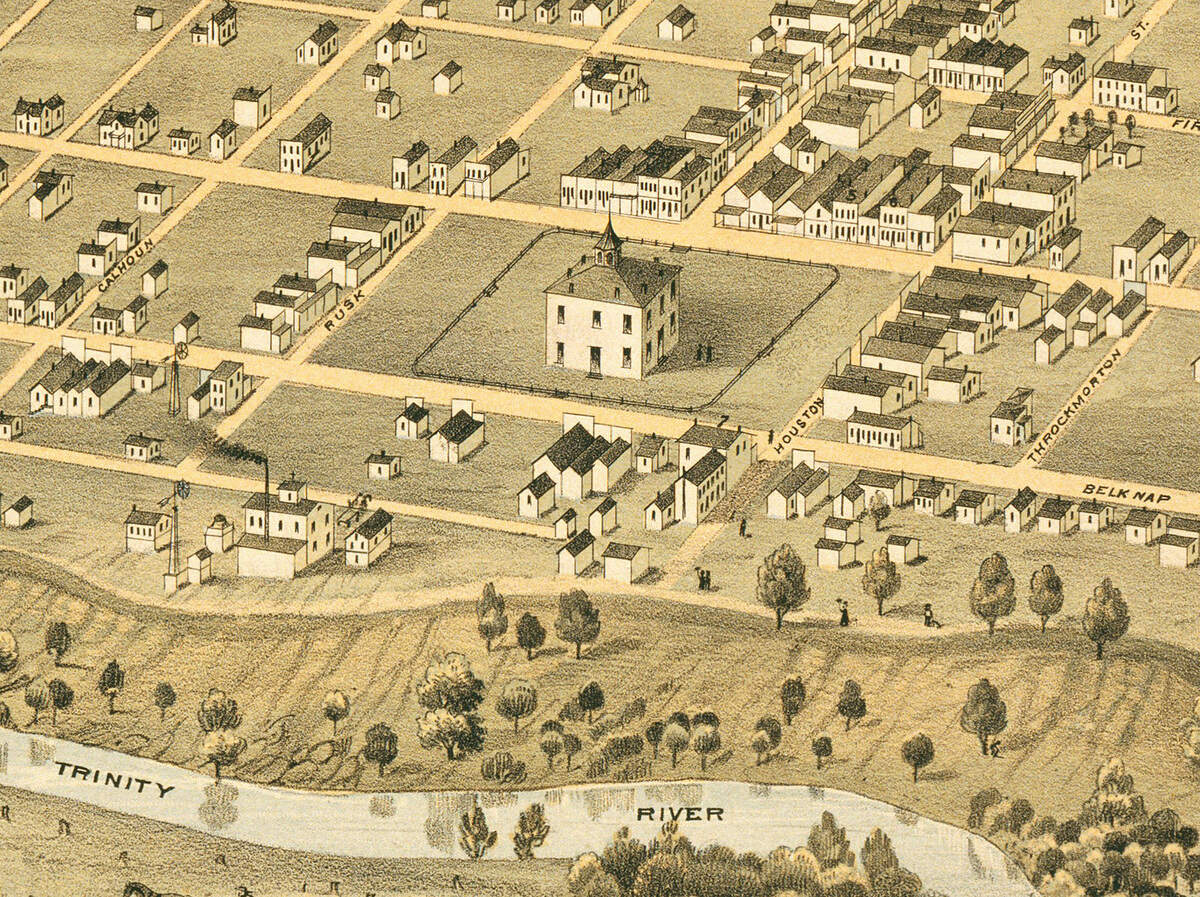 Stone courthouse in Fort Worth, completed in September 1869. It burned on March 29, 1876.