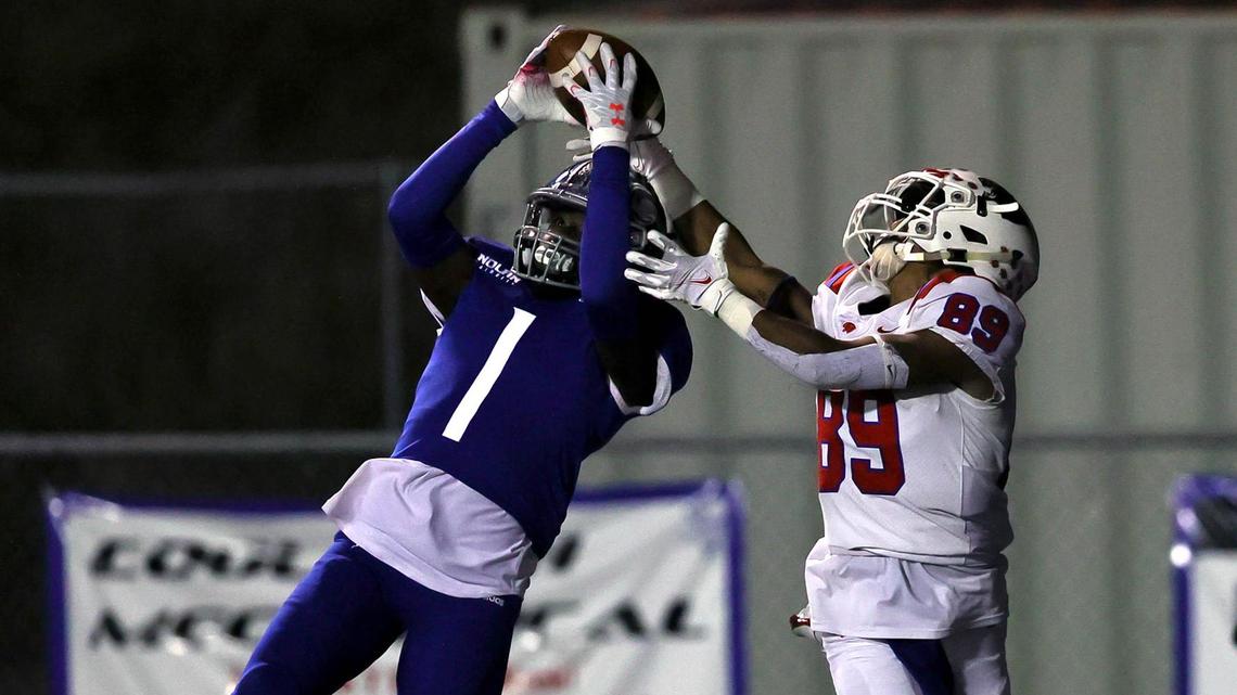 Nolan defensive back Keontae Williams (1) comes up with an interception in front of Parish Esiscopal receiver Jai Moore (89) during the first half of a high school football game, November 13, 2020 played at Doskocil Stadium in Fort Worth, Tx. (Steve Nurenberg Special to the Star-Telegram)