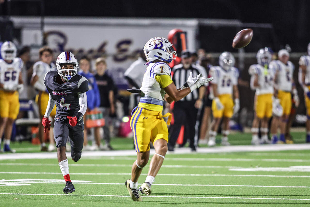 Brock’s Colt Matlock (7) waits on a pass that he will catch for a long touchdown against Fort Worth Southwest on Thursday, Sept. 18, 2025 at Scarborough-Handley Field in Fort Worth, Texas.
