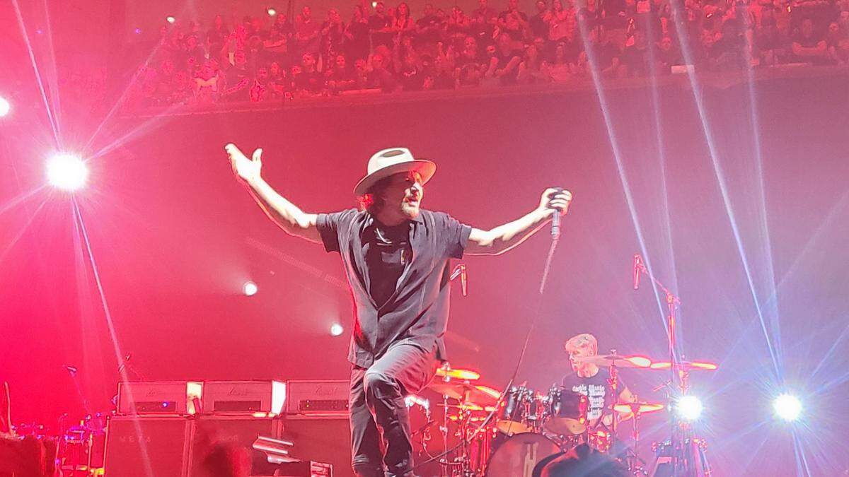 Pearl Jam’s Eddie Vedder, with drummer Matt Cameron behind him, at Dickies Arena in Fort Worth on Friday, Sept. 15, 2023.