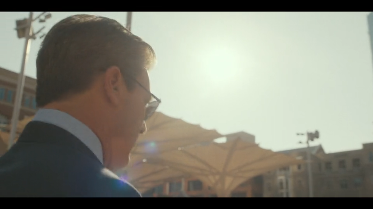 Monty Miller (Jon Hamm) walks through Fort Worth’s Sundance Square Plaza in “Landman” episode four.