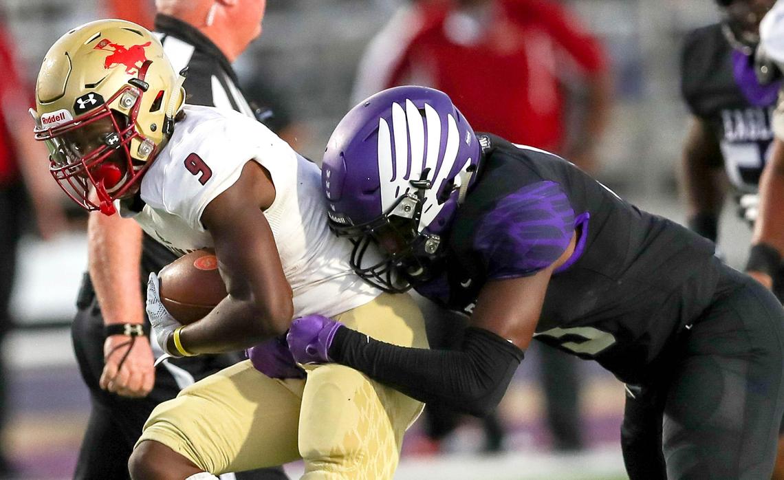 Saginaw running back Michael Jones (9) gets a few yards against Crowley during the 1st half, Friday night, September 27, 2019 played at Eagle Stadium in Crowley, TX.