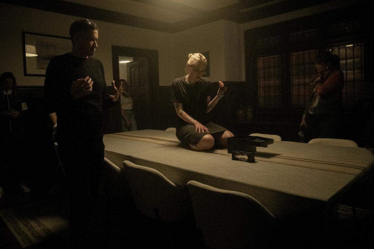 Writer/director Bryan Bertino, left, and Dakota Fanning on the set of Paramount Pictures' "Vicious."