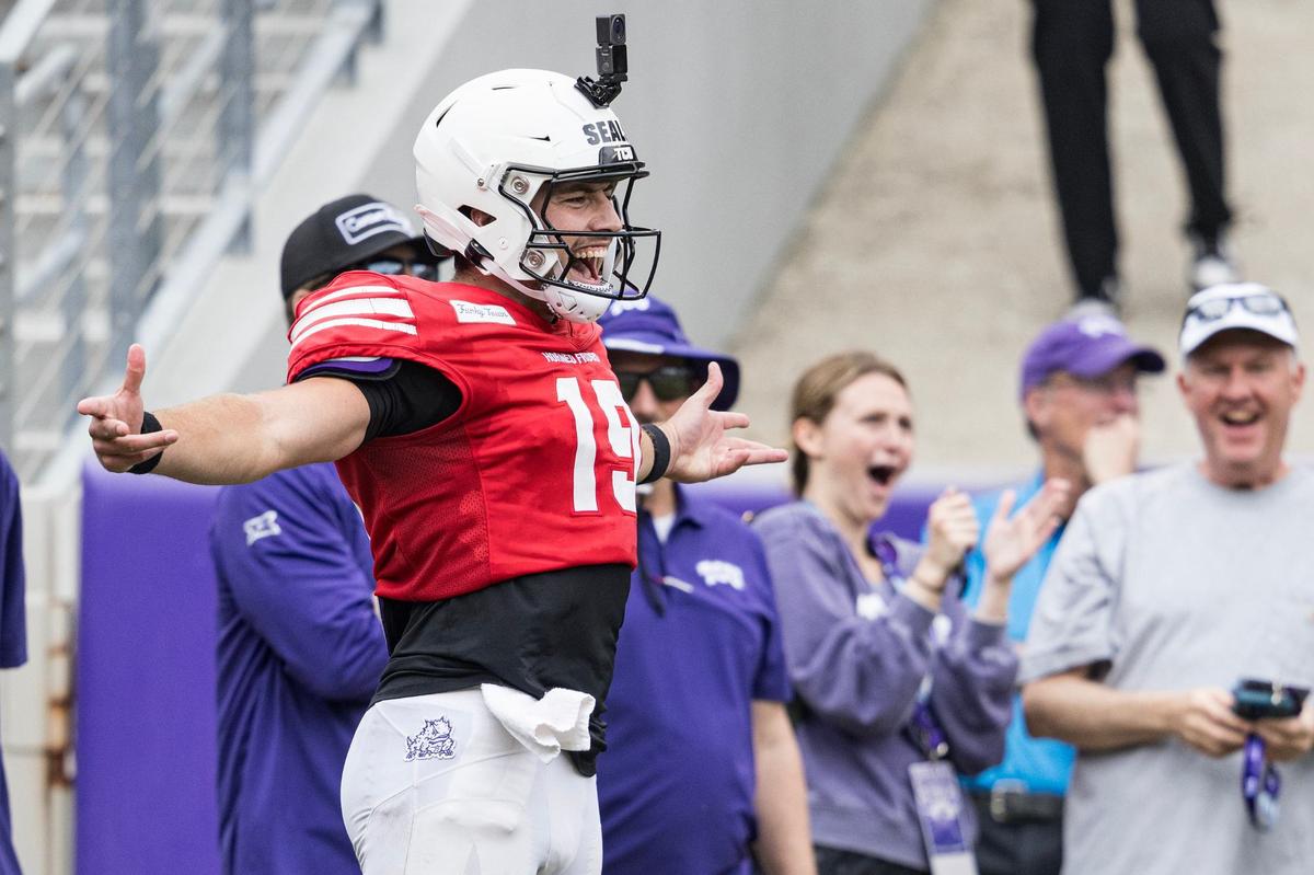 TCU quarterback Ken Seals celebrates after catching a touchdown pass on a fake field goal in the spring scrimmage April 27, 2024, at Amon G. Carter Stadium.