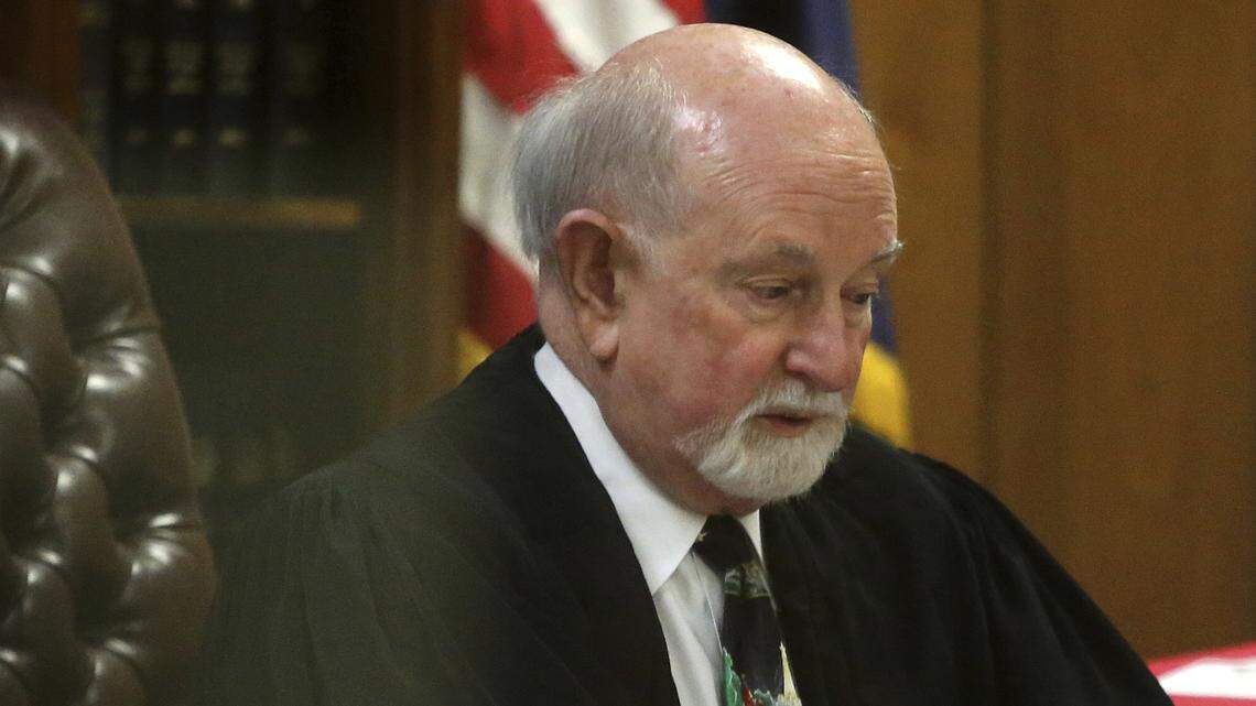 State District Court Judge Ralph Strother reads the plea agreement by former Baylor University fraternity president Jacob Anderson in Waco, Texas. Mr. Anderson, accused of rape will serve no jail time after Strother accepted a plea bargain for deferred probation. (Jerry Larson, Waco Tribune Herald via AP)