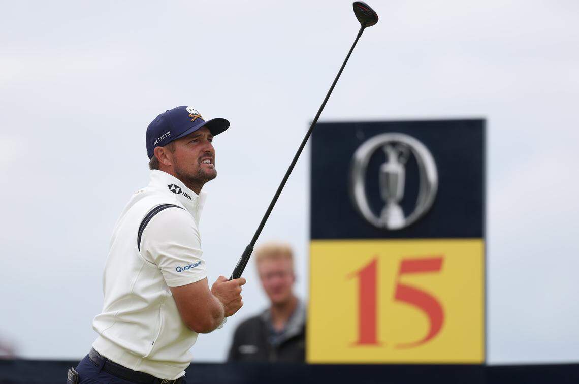 Jul 19, 2025; Portrush, IRL; Bryson Dechambeau tees off on the 15th hole during the third round of The 153rd Open Championship golf tournament. Mandatory Credit: Mike Frey-Imagn Images