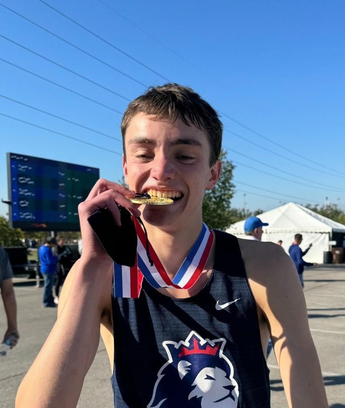 Richland High School senior Ethan Gonzalez celebrates after winning the class 5A state championship.