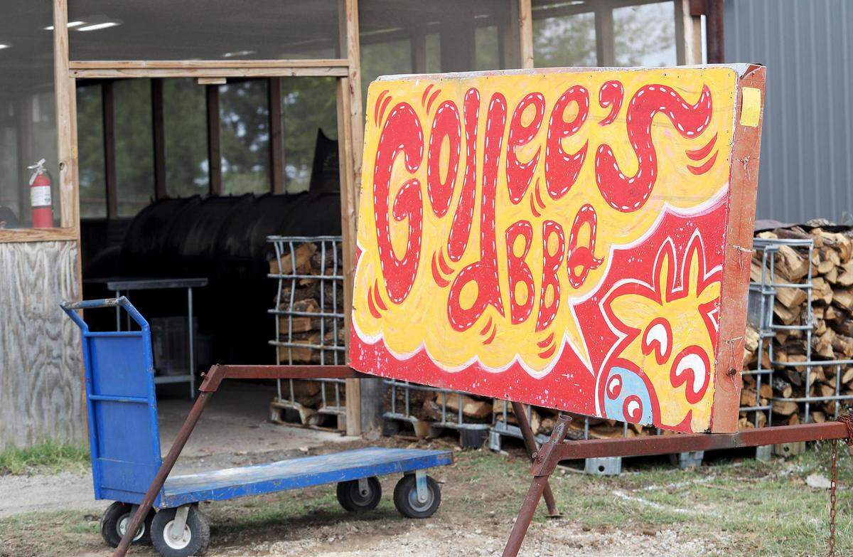 A sign for Goldee’s BBQ sits outside its smokehouse on Friday, October 15, 2021, near Kennedale.