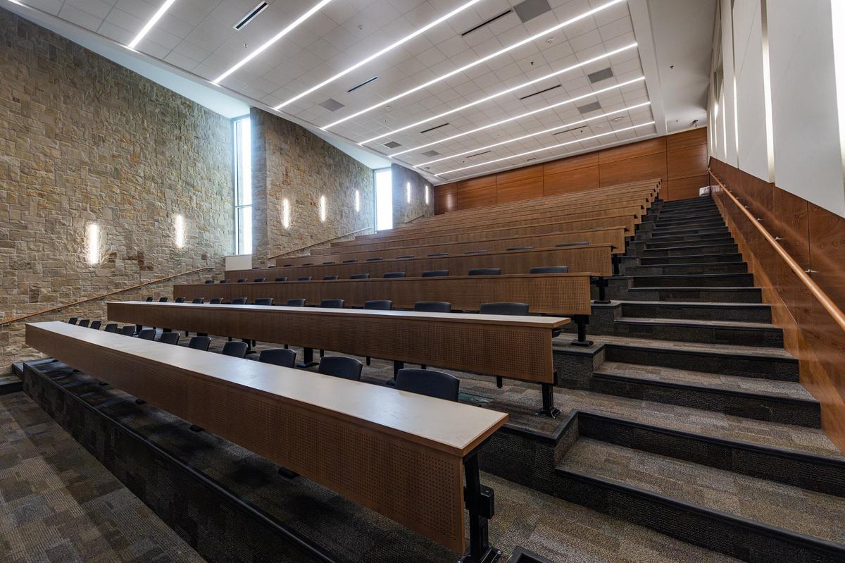Inside a large lecture hall at the new Eagle Mountain High School. This is one of three lecture halls on campus and has material built on the walls meant for noise cancellation.