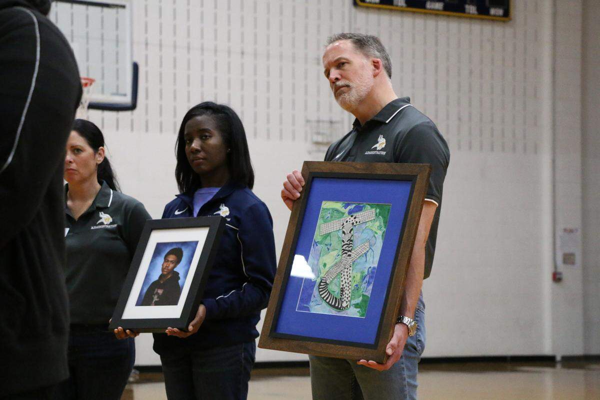 Lamar High School Principal Andy Hagman displayed Ja’Shawn Poirier’s last piece of artwork at a memorial for him Friday, April 28, 2023.