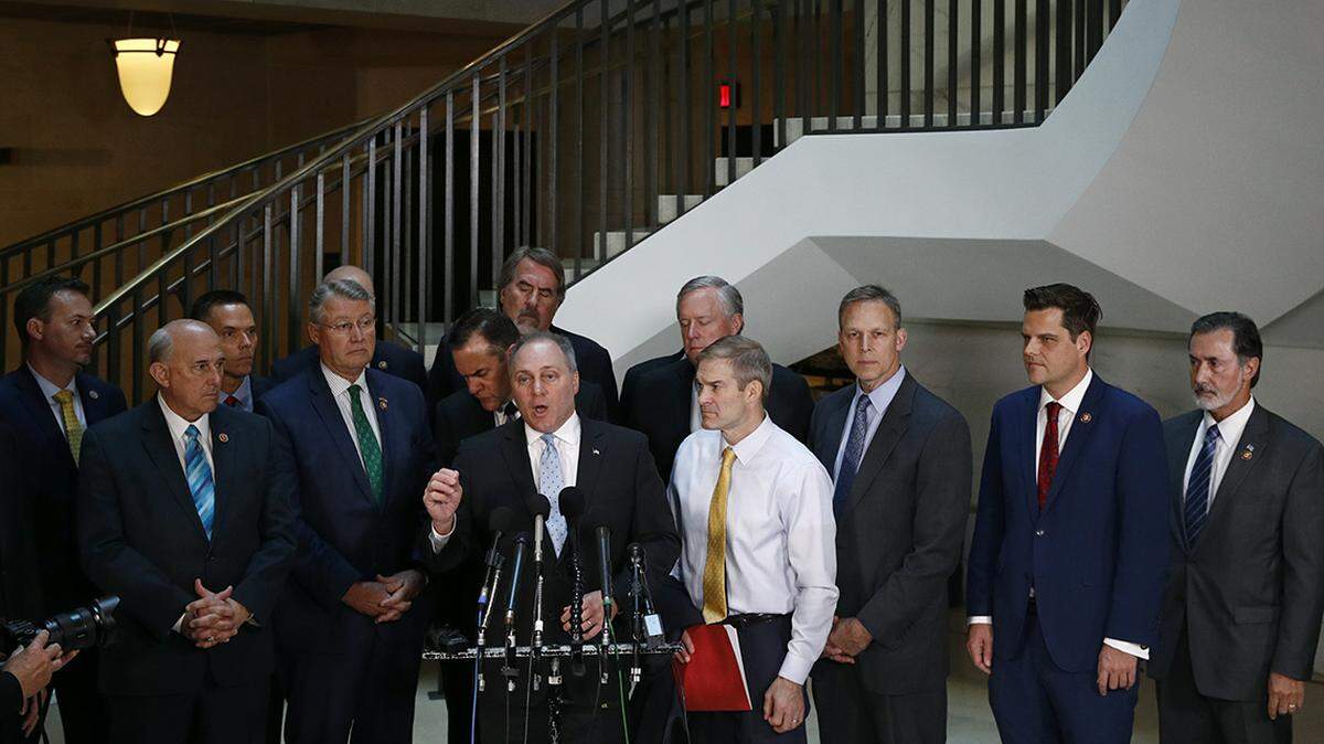 House Minority Whip Steve Scalise speaks to members of the media with other House Republicans after Deputy Assistant Secretary of Defense Laura Cooper arrived for a closed door meeting to testify as part of the House impeachment inquiry into President Donald Trump, Wednesday, Oct. 23, 2019, on Capitol Hill in Washington..
