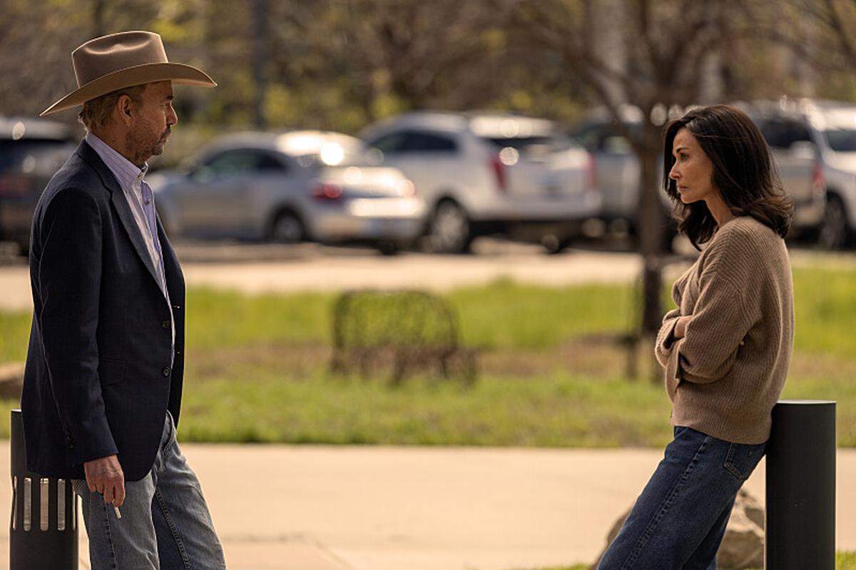 (L-R): Billy Bob Thornton as Tommy Norris and Demi Moore as Cami Miller in season 1, episode 10 of “Landman” streaming on Paramount+.