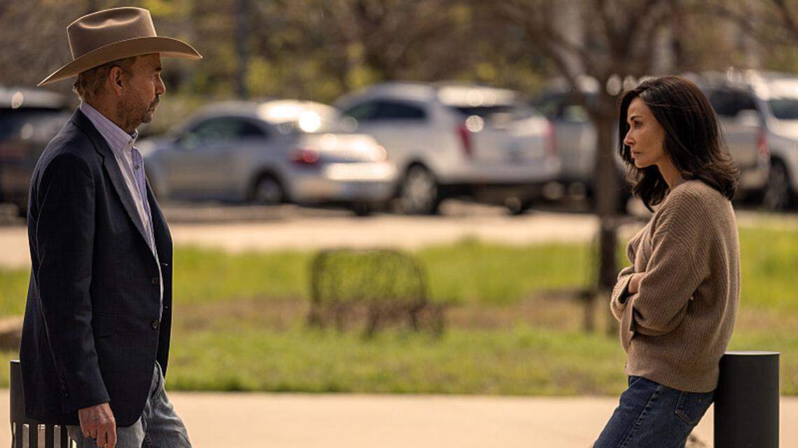 (L-R): Billy Bob Thornton as Tommy Norris and Demi Moore as Cami Miller in season 1, episode 10 of “Landman” streaming on Paramount+.