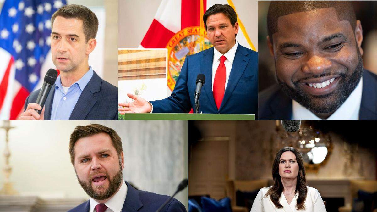 Some candidates for Donald Trump’s running mate are (clockwise from upper left): Arkansas Sen. Tom Cotton; Florida Gov. Ron DeSantis; Florida Rep. Byron Donalds; Arkansas Gov. Sarah Huckabee Sanders; and Ohio Sen. J.D. Vance.