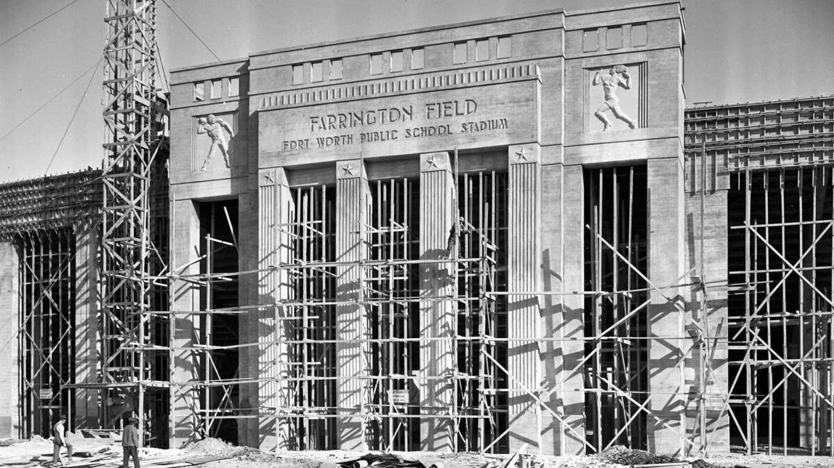 The main facade of Farrington Field under construction in January 1939.