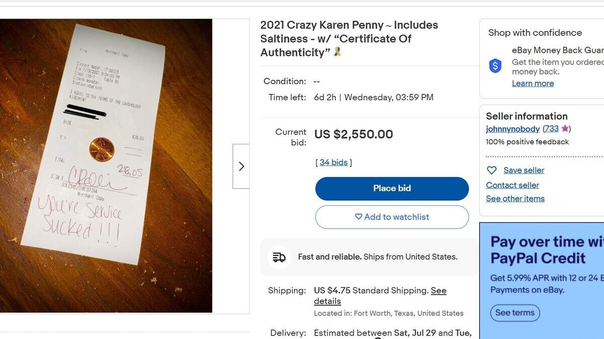 A screenshot of the ebay listing that reads "2021 Crazy Karen Penny, Includes Saltiness with “Certificate Of Authenticity”