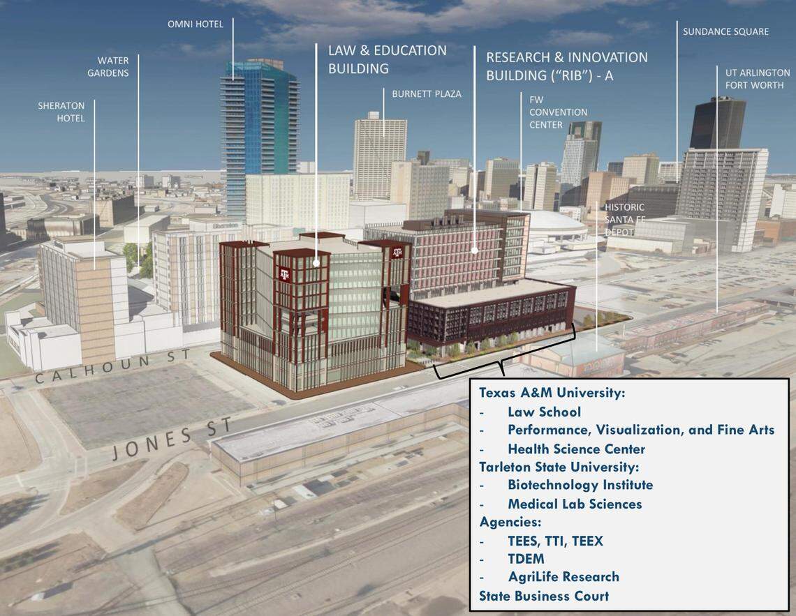 A rendering of the new Texas A&M Fort Worth campus that includes the campus' first two buildings, the Law & Education Building and Research & Innovation Building A.