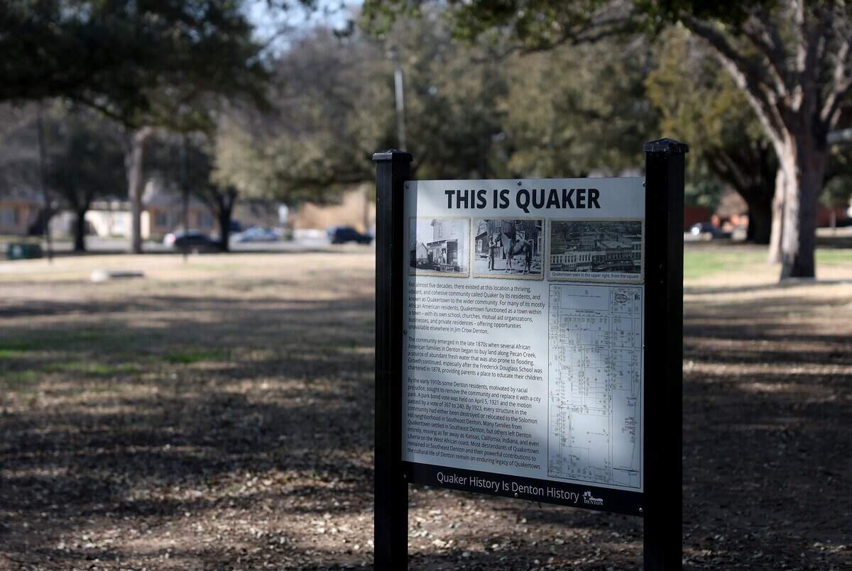 A placard in Quakertown Park tells the history of Quakertown on Feb. 12, 2026. Quakertown was once a thriving Black community in downtown Denton, but was displaced in 1921 to build a city park.