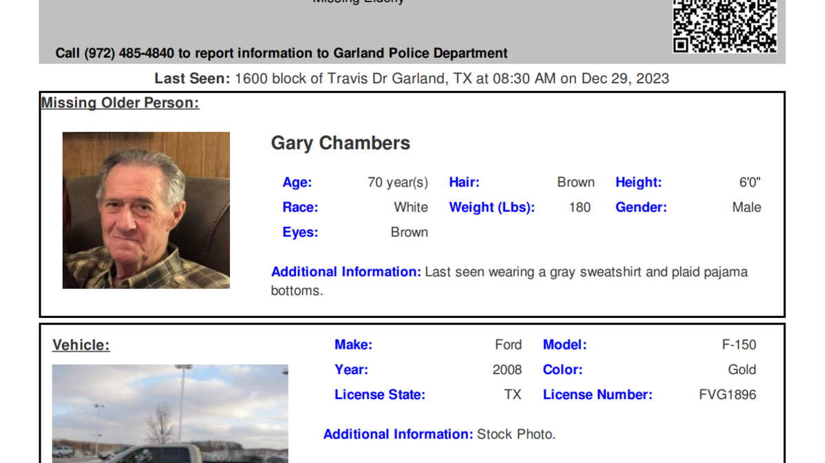 Garland police are looking for Gary Chambers, 70, who went missing Friday morning from the 1600 block of Travis Street in Garland, Texas. Anyone with information about his whereabouts is asked to contact the Garland Police Department at 972-485-4840.