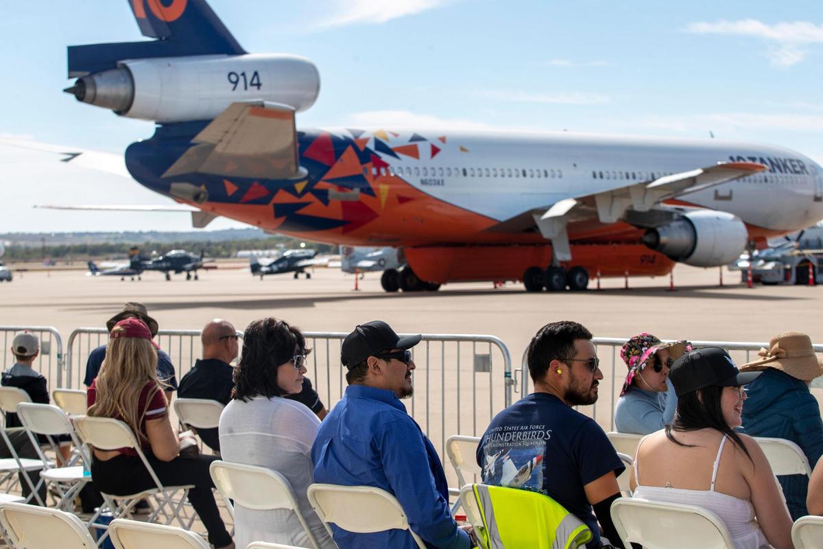 Spectators gather to watch the AllianceTexas Aviation Expo presented by Bell at the Fort Worth Alliance Airport in Fort Worth on Saturday, Oct. 22, 2022. The sold-out event offered interactive and educational opportunities face-to-face with dozens of aircrafts spread across the tarmac.