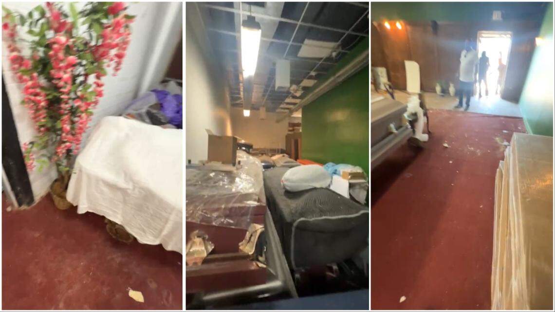 There was no air-conditioning at the facility. Bodies were lying out on gurneys, a hallway was filled with caskets and boxes, and it appears construction was underway.