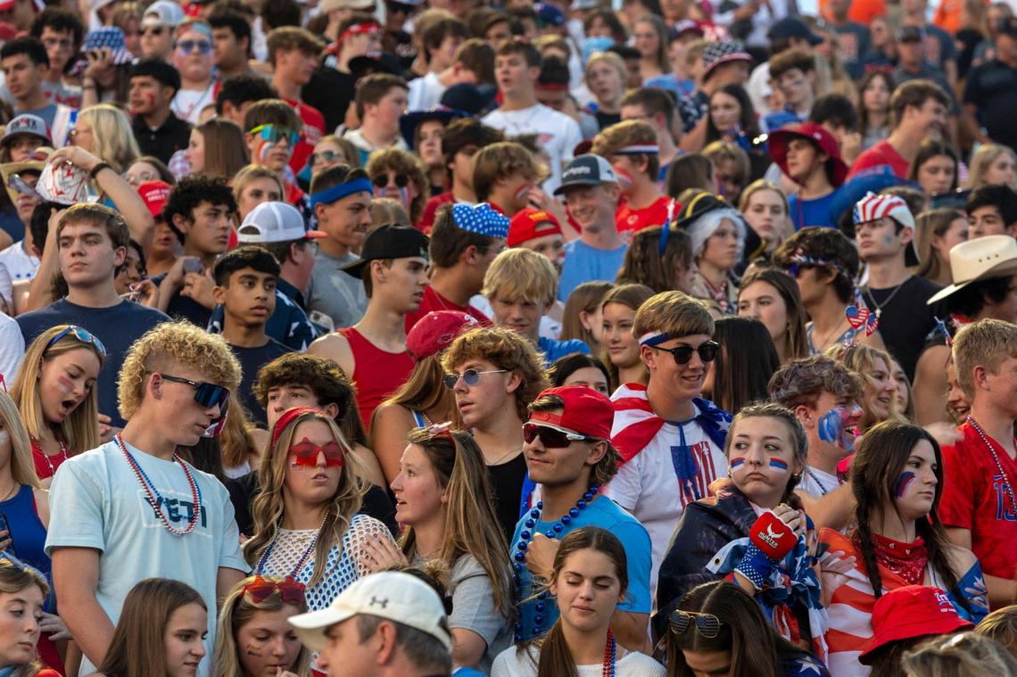 Aledo students gather to cheer on their football team during their game against South Hills at Aledo High School on Friday, Oct. 7, 2022, in Aledo, Texas.