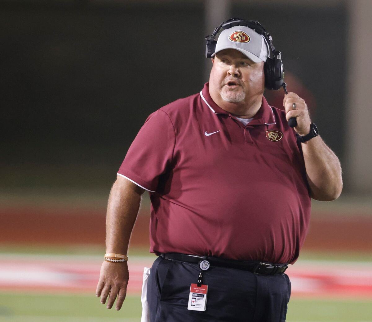 Saginaw head coach Mike Peters glances back to the side lines during a District 4-5A D1 football game at Farrington Field in Fort Worth, Texas, Thursday, Oct. 10, 2024. (Special to the Star-Telegram / Bob Booth)