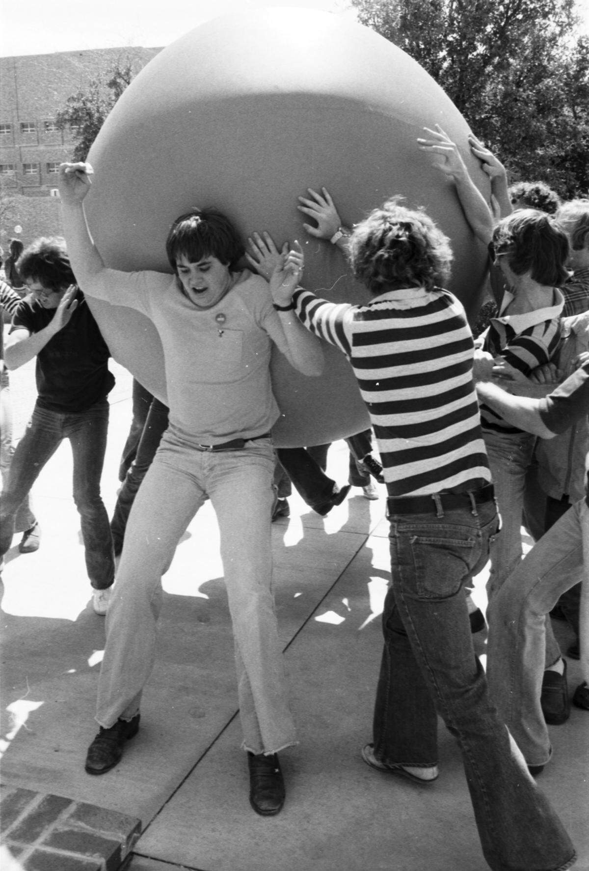 March 16, 1978: Students at University of Texas at Arlington compete in a bladderball push on the library mall during Monty Python Day events.