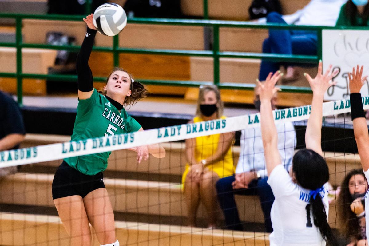 McKenzie Cutler (5) hits the ball during Southlake’s season opener against 2019 6A State Finalist Plano West, at Carroll Sr. High School on September 15th, 2020. (Photo by Matt Smith. Special to the Star-Telegram).