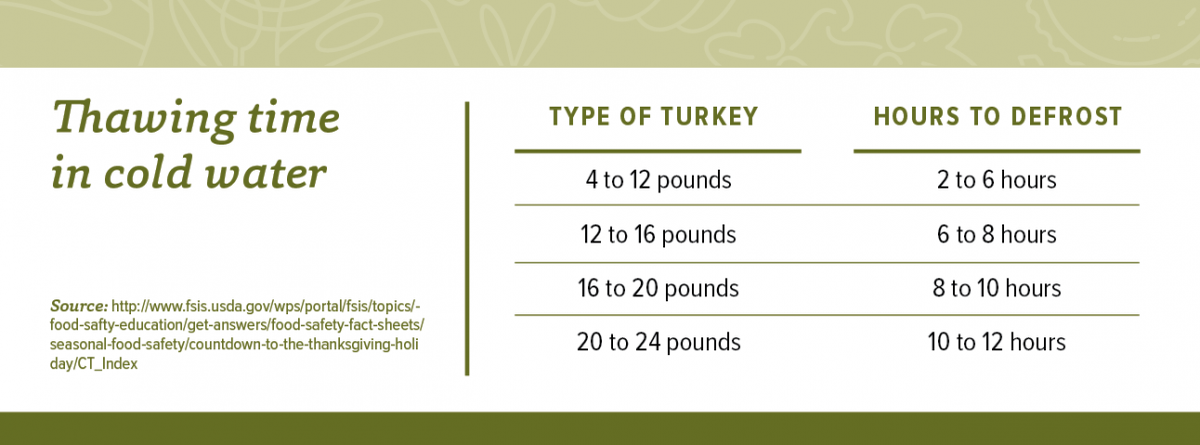 Ohio State University College of Food, Agricultural, and Environmental Sciences suggests thawing your turkey in a cold water bath.