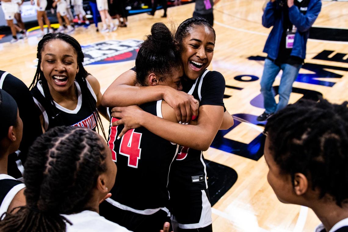 Deja Kelly (25) and Kiyara Howard-Garza hug after the 6A State Championship game at the Alamodome in San Antonio on March 7th, 2020. (Matt Smith: Special to the Star-Telegram).