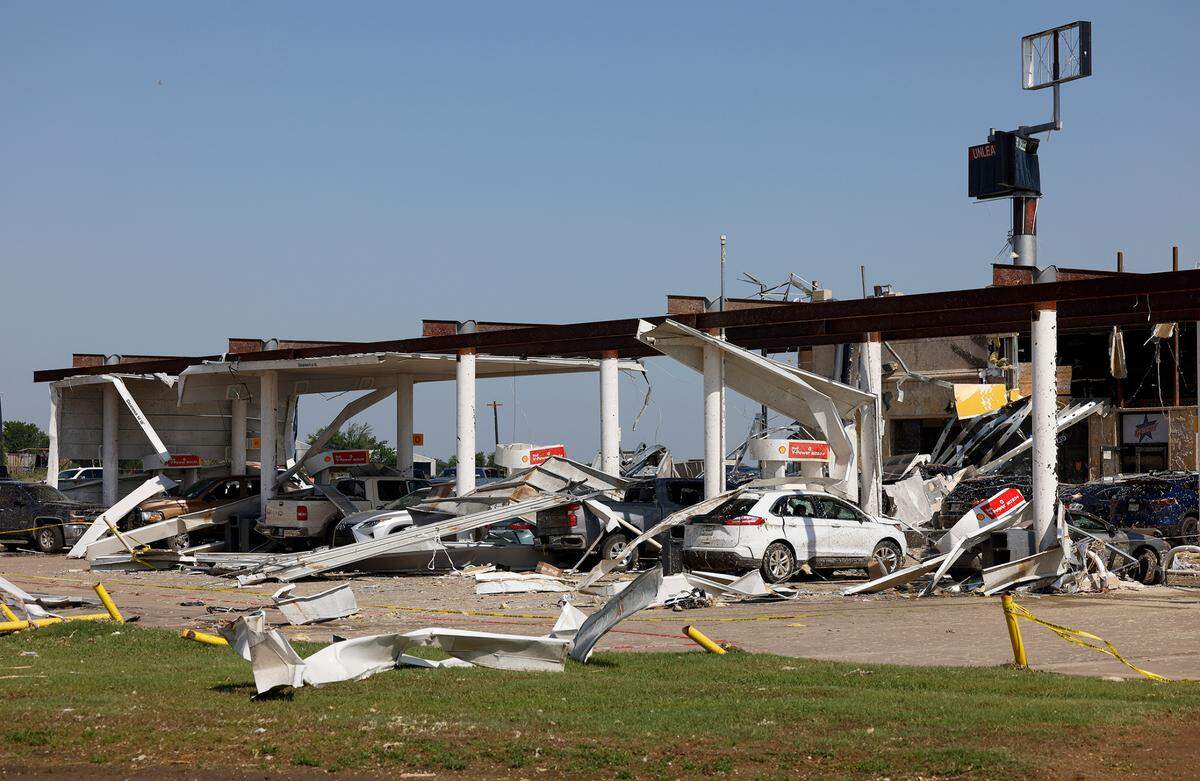 Extensive damage to a Shell travel station on Lone Oak Road in Valley View on Sunday, May 26, 2024. Severe storms that moved through Cooke and Denton counties on Saturday.
