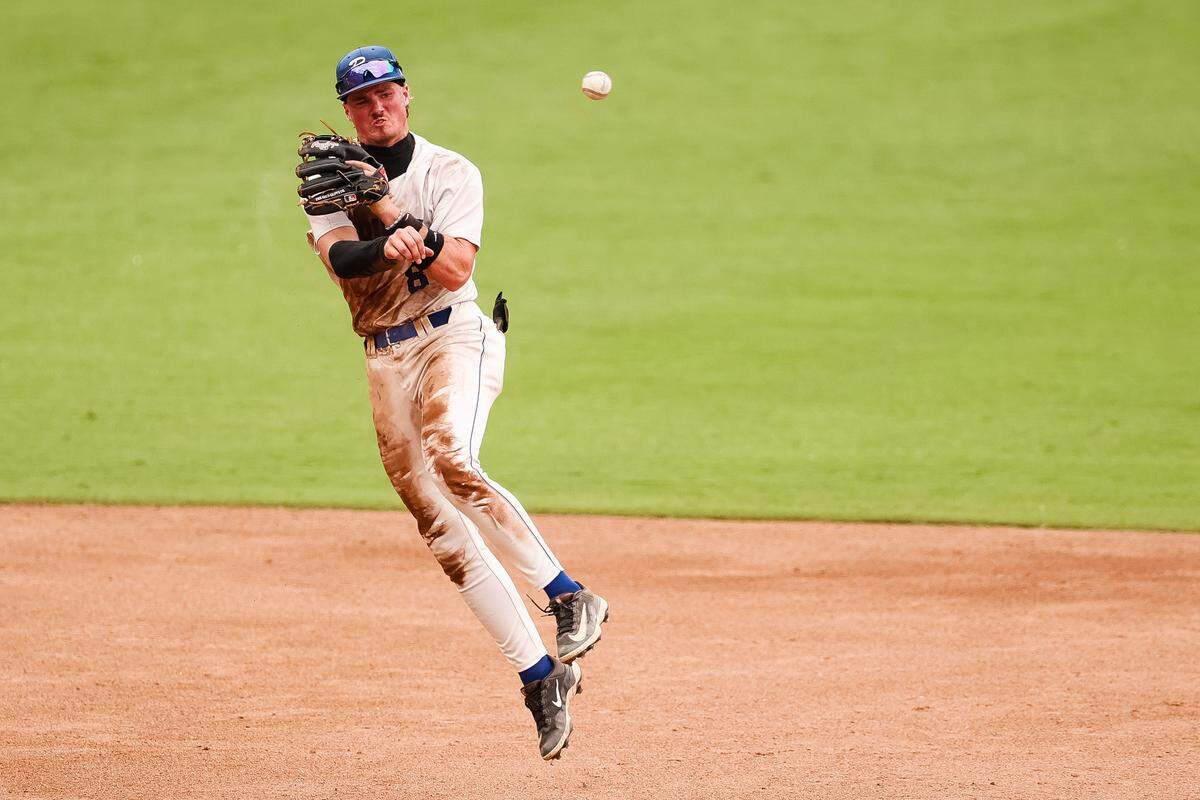 Robinson shortstop Cason Helpert makes a play against Brock in the UIL Class 4A Division II baseball state championship game on Friday, June 5, 2026, at Dell Diamond in Round Rock, Texas.