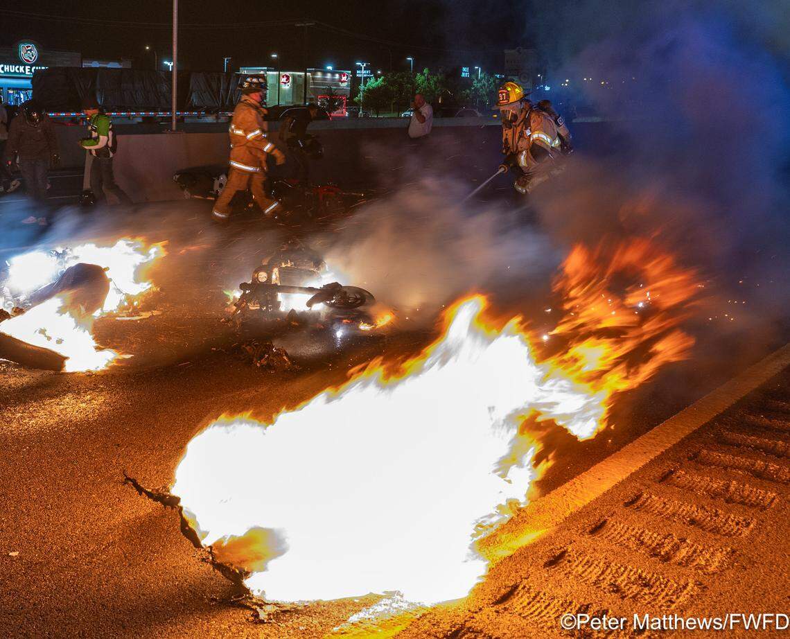 Seventeen people were injured when about 15 motorcycles crashed and caused a fire in the southbound express lanes of Interstate 35W in far north Fort Worth on Friday night, April 18, authorities said.