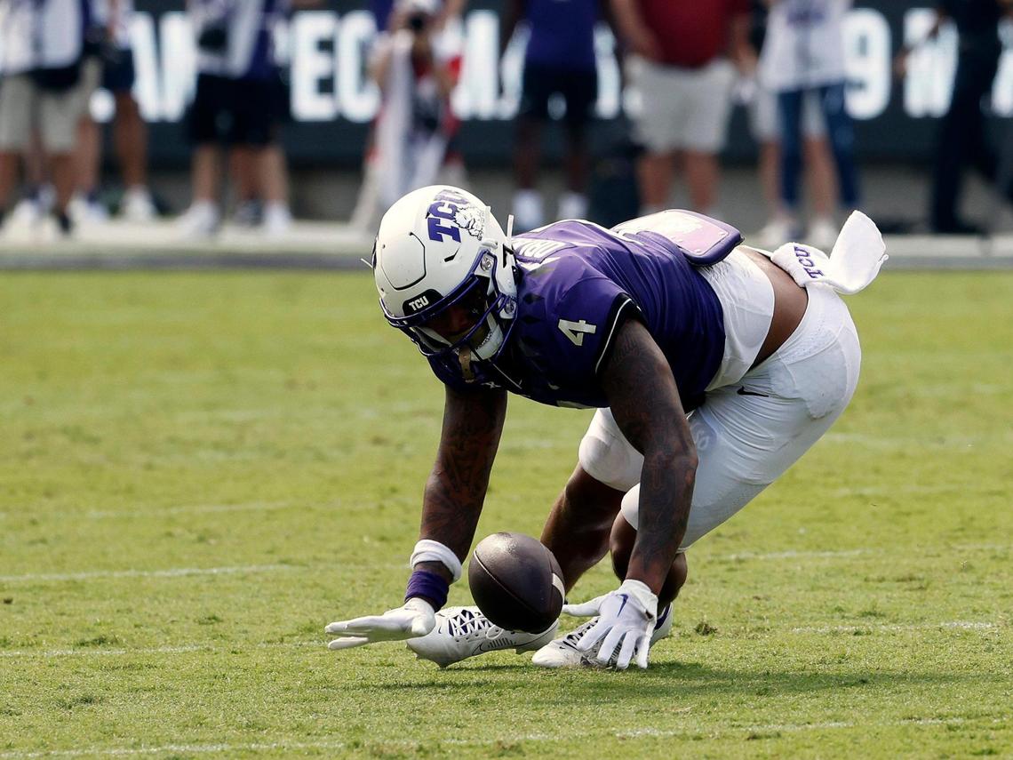 TCU linebacker Namdi Obiazor (4) recovers a blocked Colorado kick in the first half of a NCAA football game at Amon G. Carter Stadium in Fort Worth,Texas, Saturday Sept. 02, 2023. Colorado led 17-14 at the half. (Special to the Star-Telegram Bob Booth)