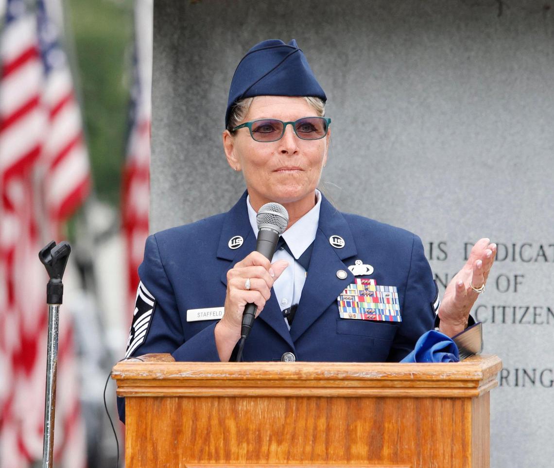 SMSgt. Mary Staffeld, USAFR, retired asked for remembrance of more than a half dozen military personnel and families during the 96th Fort Worth Memorial Day Service at Mount Olivet Cemetery in Fort Worth, Texas, Monday, May 26, 2025.