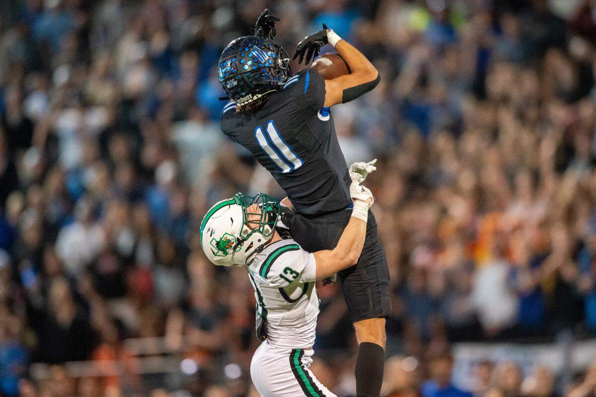 Wide receiver Leo Almanza makes an incredible leaping catch at Northwest ISD Stadium on Friday, Oct. 27, 2023.
