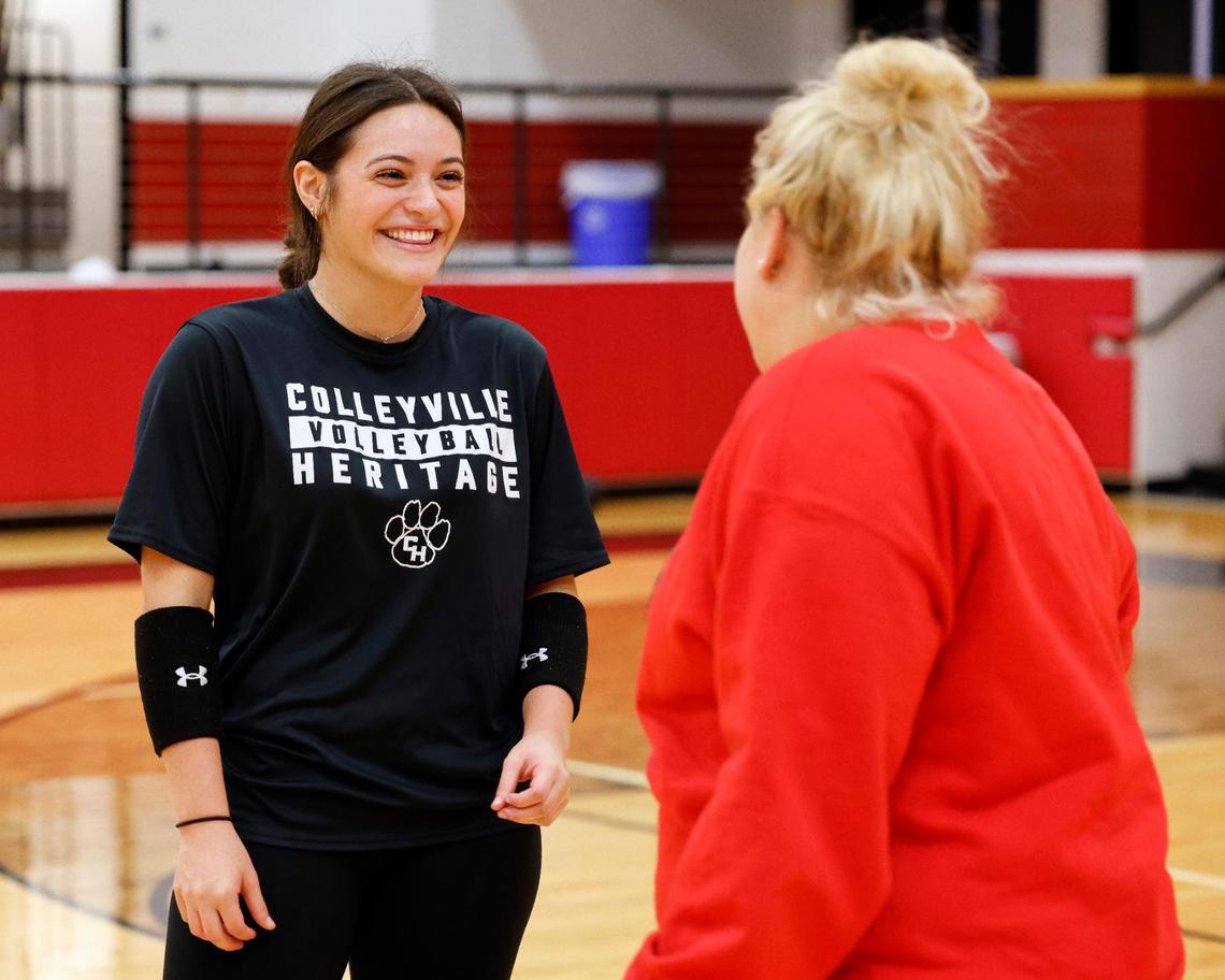 Sarah Mendoza talks with coach Elise Dooley during the Panthers volleyball practice for the state semifinals at Colleyville Heritage High School in Colleyville, Texas, Wednesday, Nov. 15, 2023.