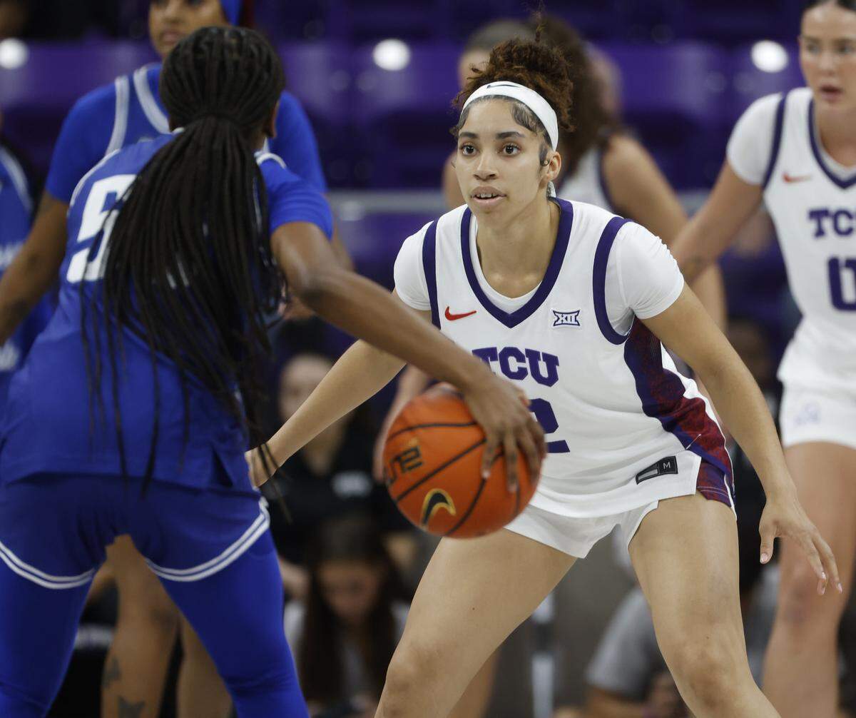 TCU guard Veronica Sheffey (2) guards Tennessee State guard Amiyah Ferguson (55) during the first quarter of a NCAA women's basketball game between Tennessee State and TCU at Schollmaier Arena in Fort Worth, Texas, Wednesday Nov. 12, 2025.