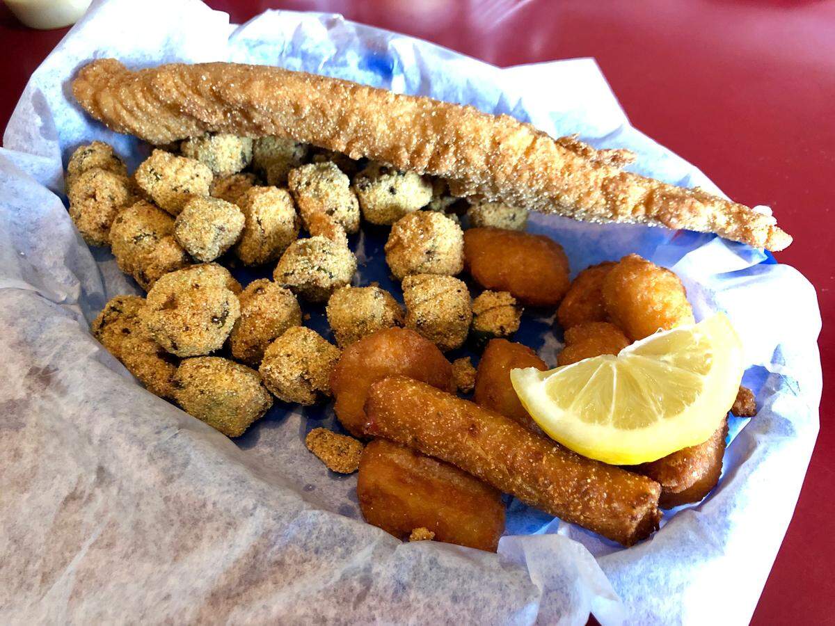 Fried catfish, fried okra, corn nuggets and hush puppies at Zeke’s Fish & Chips.