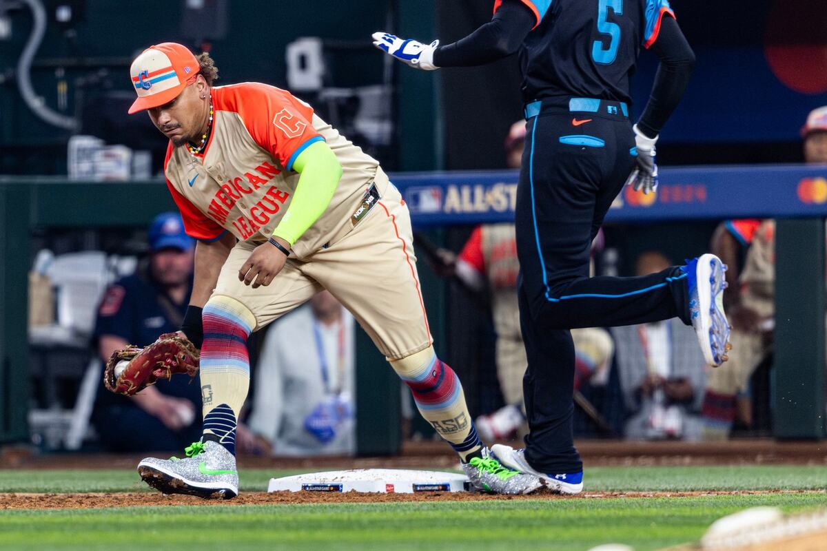 Los Angeles Dodgers first baseman Freddie Freeman steps on Cleveland Guardians first baseman Josh Naylor’s ankle on the way to first base in the eighth inning of the 2024 MLB All Star Game at Globe Life Field in Arlington on Tuesday July 16, 2024.