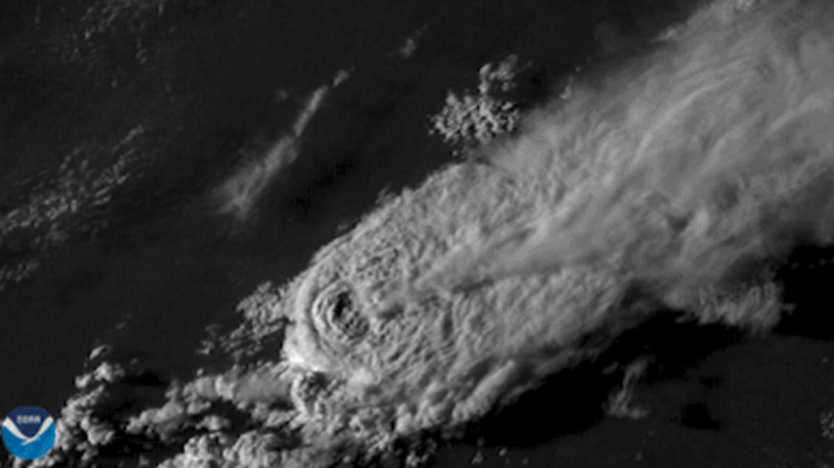 A satellite image provided by NOAA shows a supercell thunderstorm in central Texas Monday.