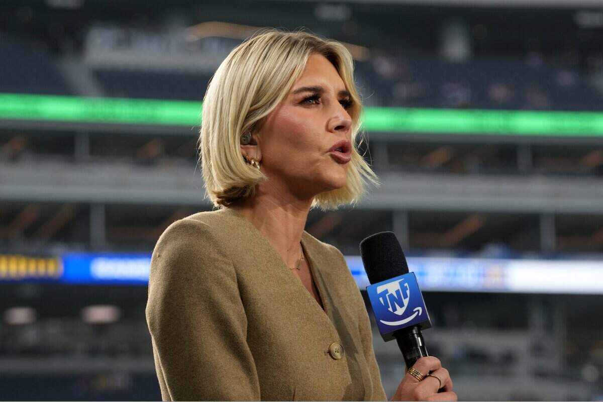 Oct 24, 2024; Inglewood, California, USA; Charissa Thompson on the Thursday Night Football Tonight set at SoFi Stadium. Mandatory Credit: Kirby Lee-Imagn Images