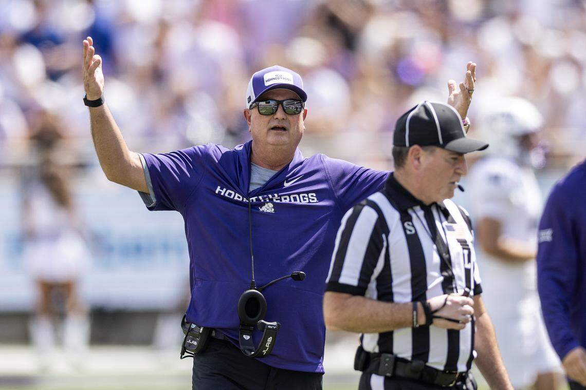 TCU head coach Sonny Dykes complains to the referee after a controversial incomplete pass call in the second half of an NCAA football game between TCU and SMU at Amon G. Carter Stadium in Fort Worth on Saturday, Sept. 20, 2025. TCU won 35-24 in the final Iron Skillet Rivalry game.