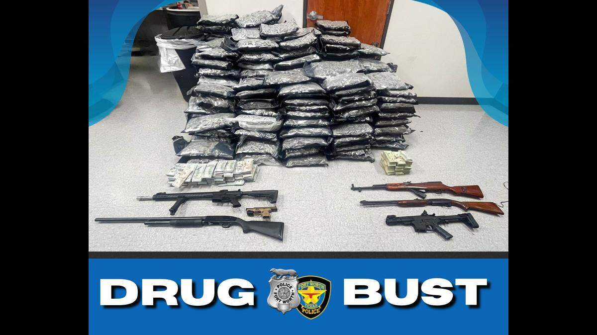 A photo from the Fort Worth Police Department’s Facebook page shows over 300 pounds of marijuana, more than $500,000 in cash and six guns seized in a recent drug bust.