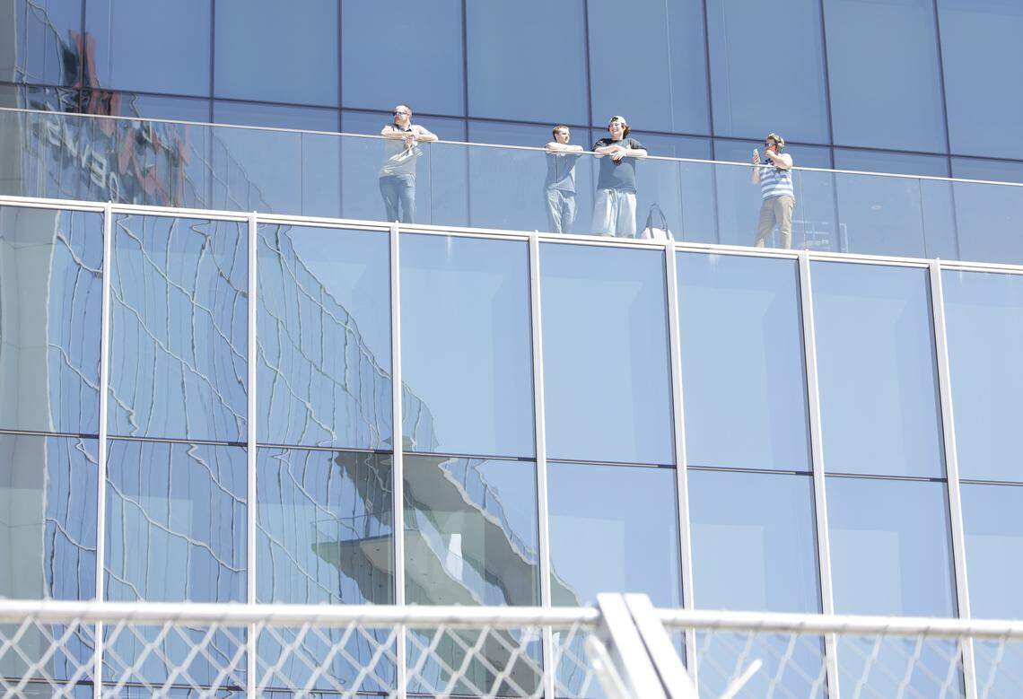 Fans watch the race from Globe Life Field during the inaugural Java House Grand Prix of Arlington in Arlington, Texas, Sunday, March, 15, 2026.