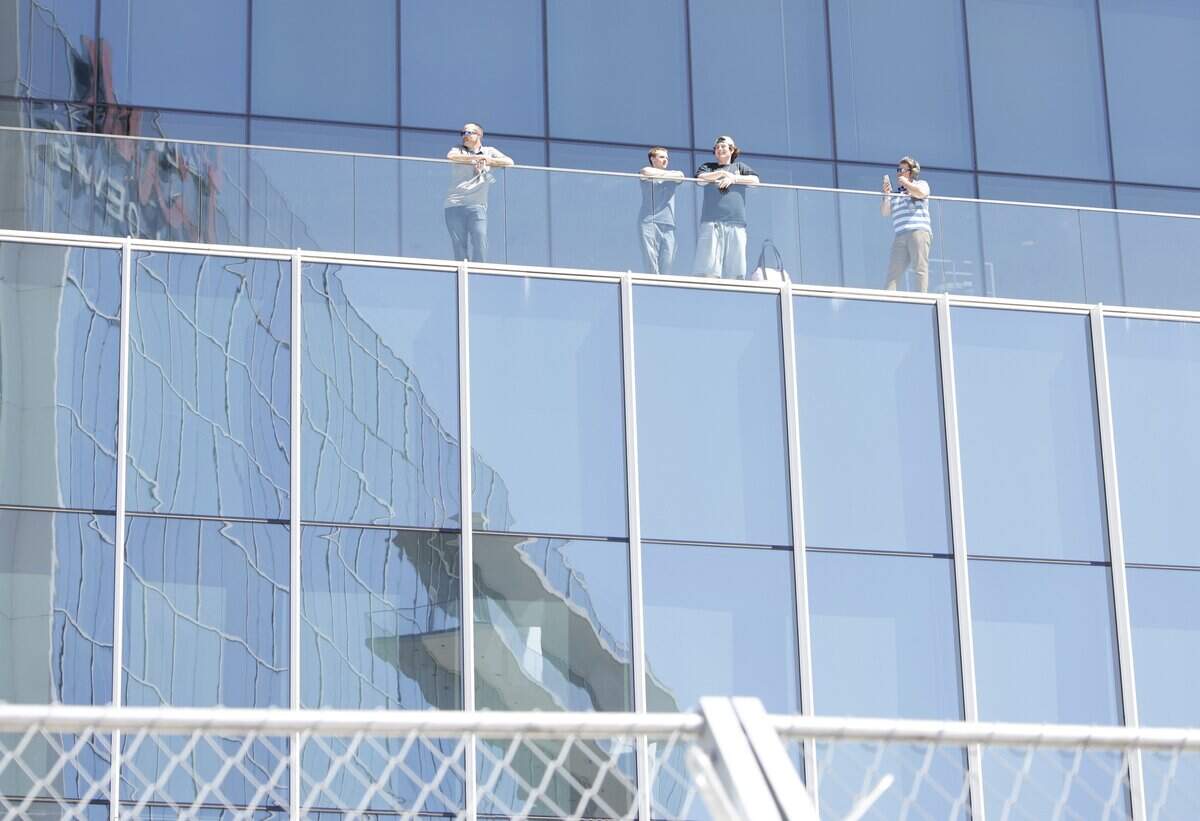 Fans watch the race from Globe Life Field during the inaugural Java House Grand Prix of Arlington in Arlington, Texas, Sunday, March, 15, 2026.